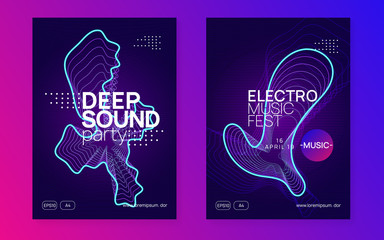 Trance event. Trendy concert banner set. Dynamic gradient shape and line. Neon trance event flyer. Techno dj party. Electro dance music. Electronic sound. Club fest poster. 