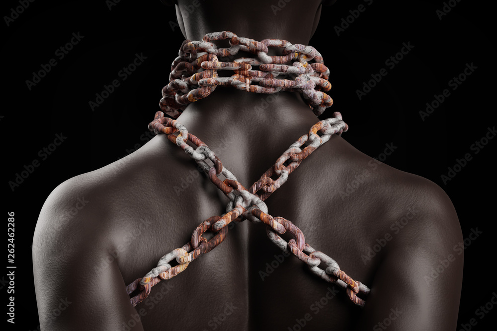 Female afro american slave with heavy rusty chain around her neck - obrazy, fototapety, plakaty 