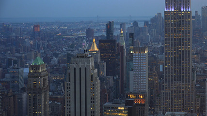 New York, Usa:Aerial view of Manhattan midtown and downtown skyscrapers ar sunset and dusk time