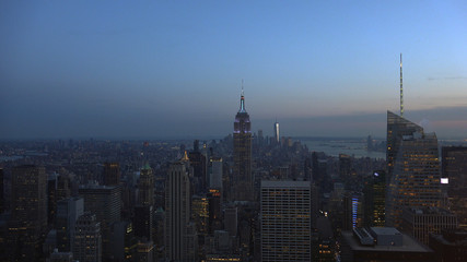 New York, Usa:Aerial view of Manhattan midtown and downtown skyscrapers ar sunset and dusk time