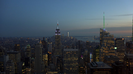 New York, Usa:Aerial view of Manhattan midtown and downtown skyscrapers ar sunset and dusk time