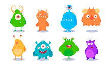Cartoon Monsters Set For Halloween. Vector Set Of Cartoon Monsters Isolated. Design For Print, Party Decoration, T-shirt, Illustration, Logo, Emblem Or Sticker