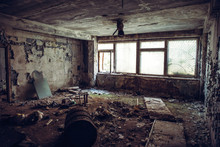 Abandoned Ruined Industrial Building Room Inside Interior, Dark Dirty Grunge And Creepy Atmosphere