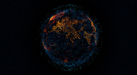 Fototapete - Global International Connectivity Background. Connection lines Around Earth Globe, Blockchain network concept. Futuristic Technology Theme Background with Light Effect.