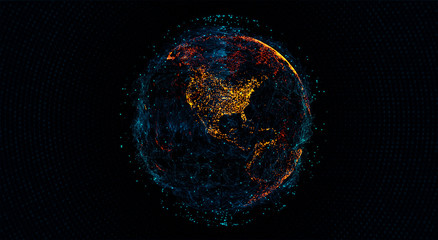 Fototapete - Global International Connectivity Background. Connection lines Around Earth Globe, Blockchain network concept. Futuristic Technology Theme Background with Light Effect.