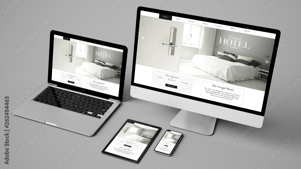 devices collection showing grand hotel website - obrazy, fototapety, plakaty 