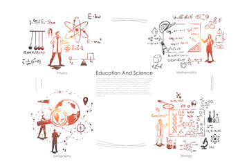 Scientist occupation, scientific research, physics experiment, board with mathematical equations, geography learning banner