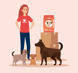 Sticker - girl volunteer with dogs and boxes with food