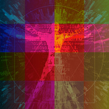  Vitruvian Man With Binary Codes On Colored Squares Background .  Futuristic Expressive Illustration Of Vitruvian Man With A Binary Codes Symbolized Digital Age. Concept For Science, New Tecnologies.