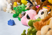 Group Of Colorful Fluffy Stuffed Animal Toys Close Up Looking At Blue Small Baby Shoe In A Crib