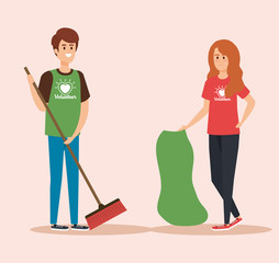 Poster - boy and girl volunteers with broom and bag