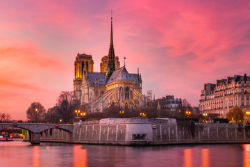 Fototapete - Cathedral of Notre Dame de Paris at sunset, France