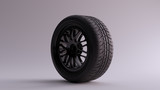 Fototapeta Pokój dzieciecy - Black Alloy Rim Wheel with a Complex Multi Star Spoke Pattern Open Wheel Design with Racing Tyre 3d illustration 3d render