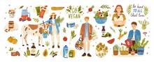 Collection Of Organic Eco Vegan Products - Natural Cosmetics, Vegetables, Fruits, Berries, Tofu, Nut Butter, Soy And Coconut Milk. Urban Gardening And Farming Set. Flat Cartoon Vector Illustration.