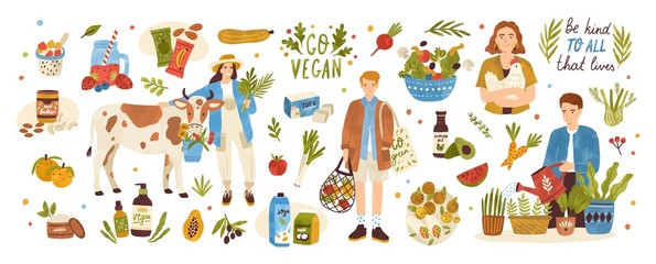 Collection of organic eco vegan products - natural cosmetics, vegetables, fruits, berries, tofu, nut butter, soy and coconut milk. Urban gardening and farming set. Flat cartoon vector illustration.