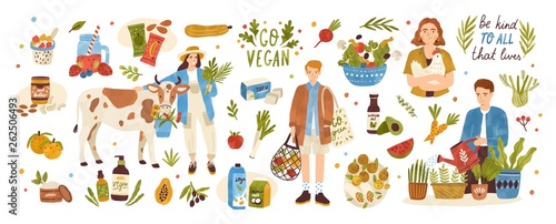 Fotografía Collection of organic eco vegan products - natural cosmetics, vegetables, fruits, berries, tofu, nut butter, soy and coconut milk