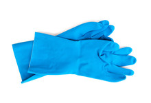 Blue Rubber Gloves For Cleaning On White Background, Workhouse Concept