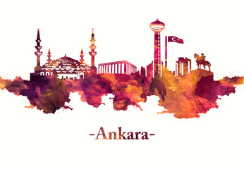Fototapete - Ankara Turkey Skyline in Red