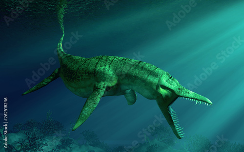 Liopleurodon Was A Pliosaur And Apex Predator Of The Jurassic Seas Here The Green Sea Monster Hunts In Shallow Waters Over A Coral Reef 3d Rendering Adobe Stock でこのストックイラストを購入して 類似のイラストをさらに検索 Adobe
