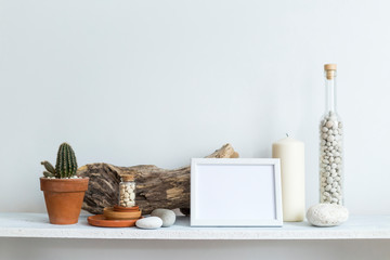 Shelf against white wall with decorative candle, glass, wood and rocks. Home plant in pot.