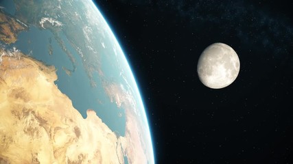 Wall Mural - 4K Realistic earth and moon from space. Day side. High quality 3d animation. Elements of this image furnished by NASA.