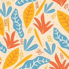 Seamless background with blue, orange and yellow leaves. Vector design.