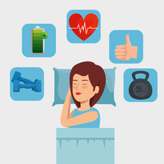 Poster - woman sleeping with heartbeat and dumbbells with battery