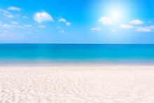 Relaxing Landscape View Of White Beach, Clear Sea And Blue Sky