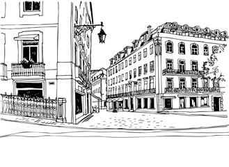 Wall Mural - Old street view sketch. Urban landscape in hand drawn line style. Ink drawing. Vector illustration