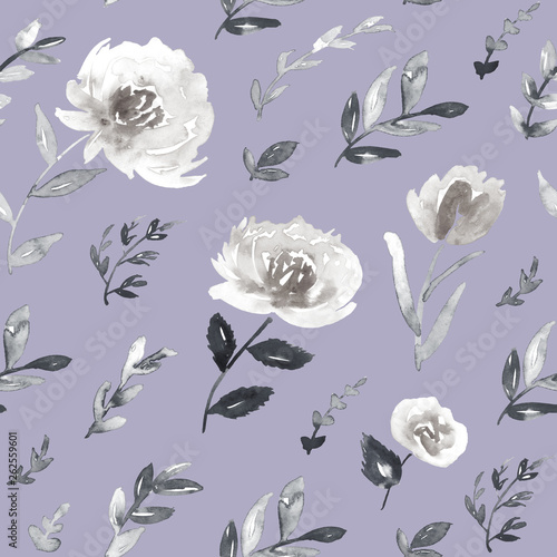 Floral pattern in gray and lavender. Seamless watercolor print.