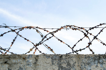 loops of barbed wire on an old concrete fence, against a blue sky