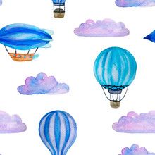 Watercolor Seamless Pattern With Blue Hot Air Balloons, Clouds And Airship Isolated On White 