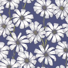 Tender Blue Seamless Pattern With White Chamomile Flowers. Vintage Hand Drawn Illustration Of Beautiful Daisy Flower, Texture For Textile, Wrapping Paper, Surface, Background