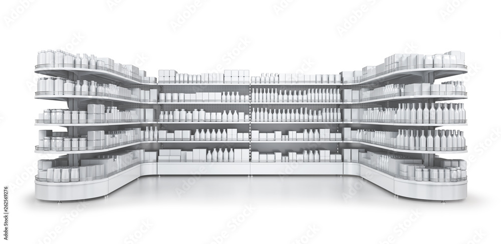 Shelves gondola rack with blank goods in the store. Set of 3d images isolated on white. - obrazy, fototapety, plakaty 
