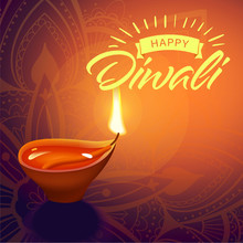 Post Card For Diwali Festival With Realistic Indian Lamp With Fire Flame And Mandala. Happy Diwali Concept, Insignia. Typography Poster Or Logo For Diwali Festival. Banner For Web.