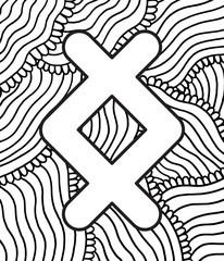 Sticker - Ancient scandinavic rune ingwaz with doodle ornament background. Coloring page for adults. Psychedelic fantastic mystical artwork. Vector illustration