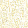 Golden yellow hand drawn daffodil line art texture on plain white background. Seamless vector pattern.