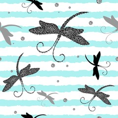 Wall Mural - Vector Seamless Pattern with Dragonfly and glitter effect.Perfect for postcards, greeting cards, wedding invitations