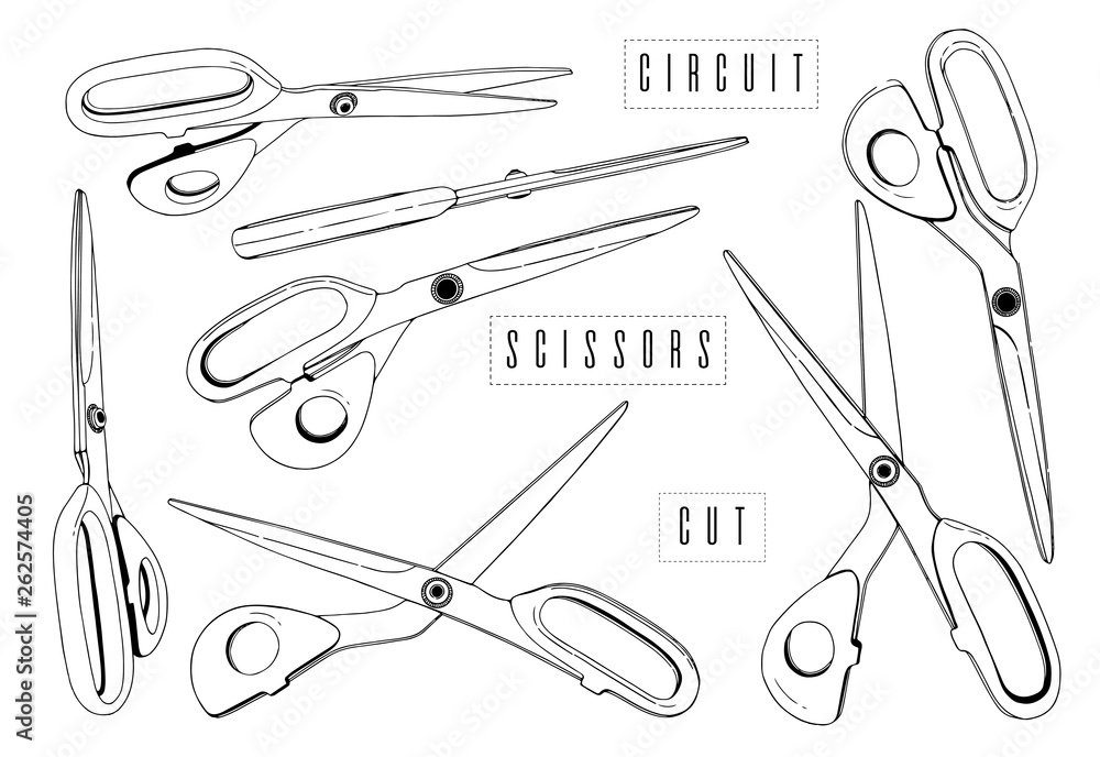 Professional Scissors Cutting tailors set Vector Line Drawing. cut paper,simple line shape. Graphic black and white.