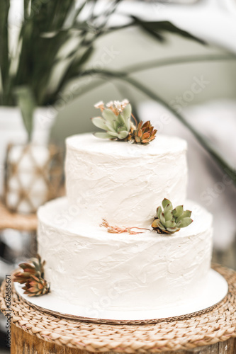 Elegant White Wedding Cake With Flowers And Succulents Vintage