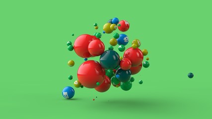 Wall Mural - 3D illustration of many balls of different colors isolated on a green background. Vitamins are scattered in space. The idea of a healthy diet, strength and health. 3D rendering