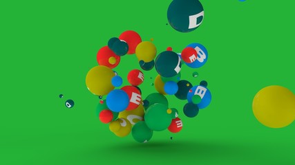 3D rendering of dozens of balls of different colors with symbols of vitamins. The idea of vitamin explosion, healthy eating and lifestyle. 3D illustration isolated on a green background.