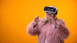 © motortion - Positive senior woman in funny coat and VR headset playing video game technology