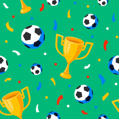 Wall Mural - Football cup, balls and confetti seamless pattern. Sport championship. Flat style cartoon full color background.