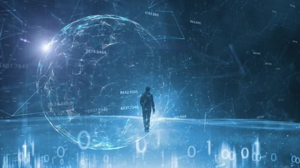 Man and digital computer cyberspace network with artistic sunny sphere background.