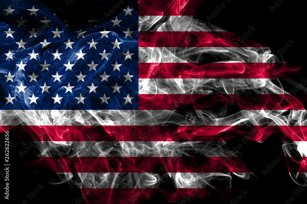 United States smoke flag isolated on black background - obrazy, fototapety, plakaty 