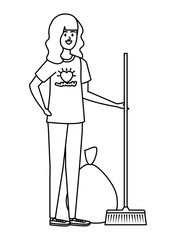 Poster - young woman volunteer with garbage bag with broom