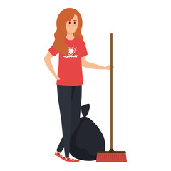 Sticker - young woman volunteer with garbage bag with broom