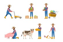 Happy Farmer Cartoon In Many Characters Set