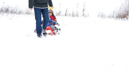 Wall Mural - Children on sleight, father pull sledge, happy family on white landscape